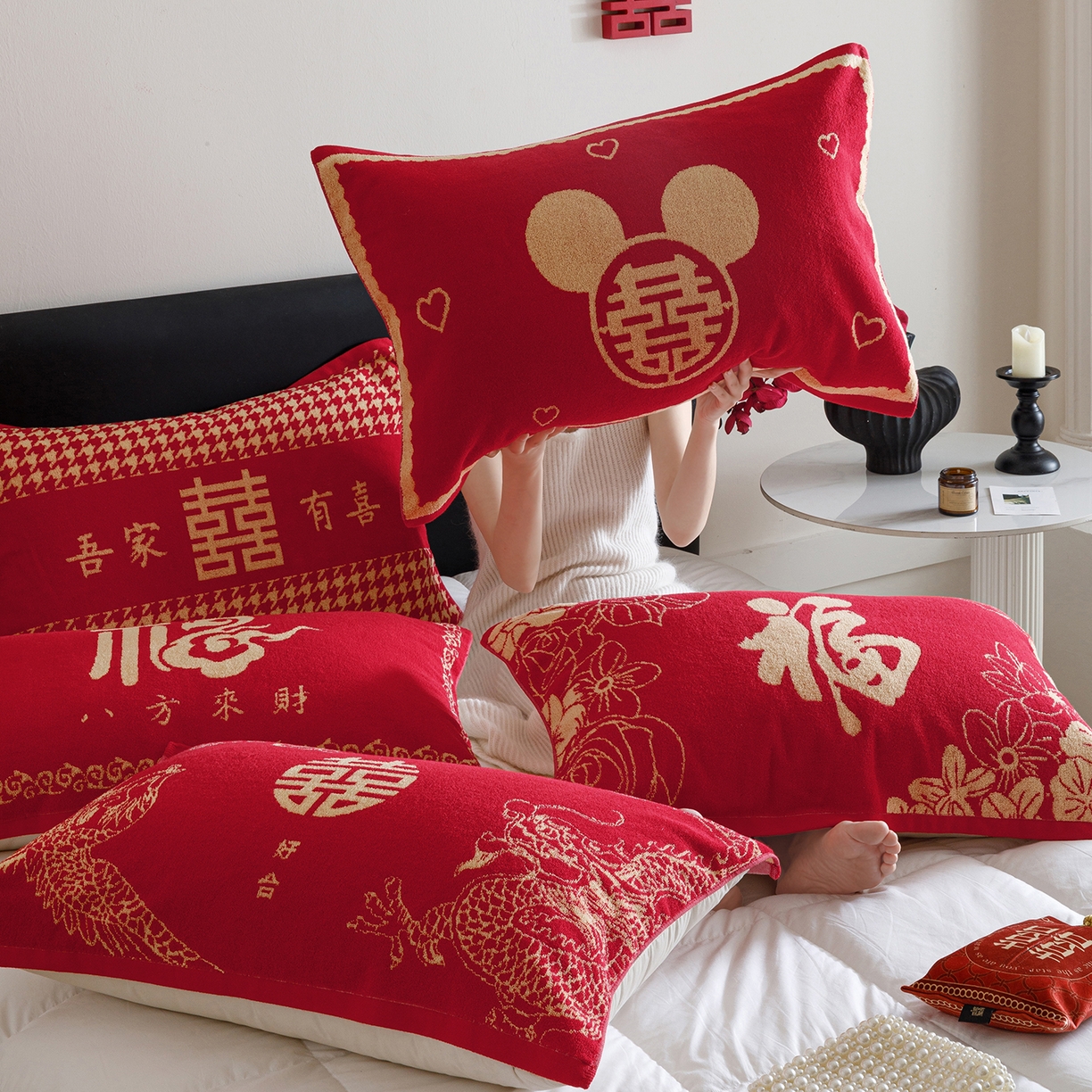 91家纺网 家纺一手货源 找家纺 爱港家纺 2025专版新款老式全棉大红枕巾结婚枕巾喜庆百福枕巾 组合