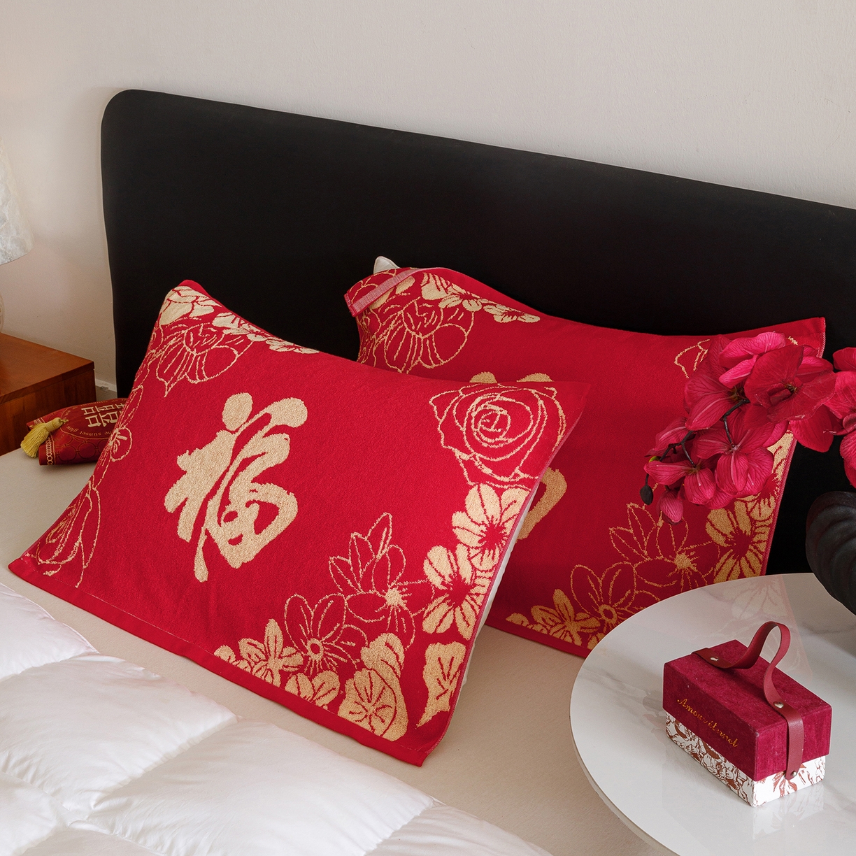 91家纺网 家纺一手货源 找家纺 爱港家纺 2025专版新款老式全棉大红枕巾结婚枕巾喜庆百福枕巾 锦绣花福