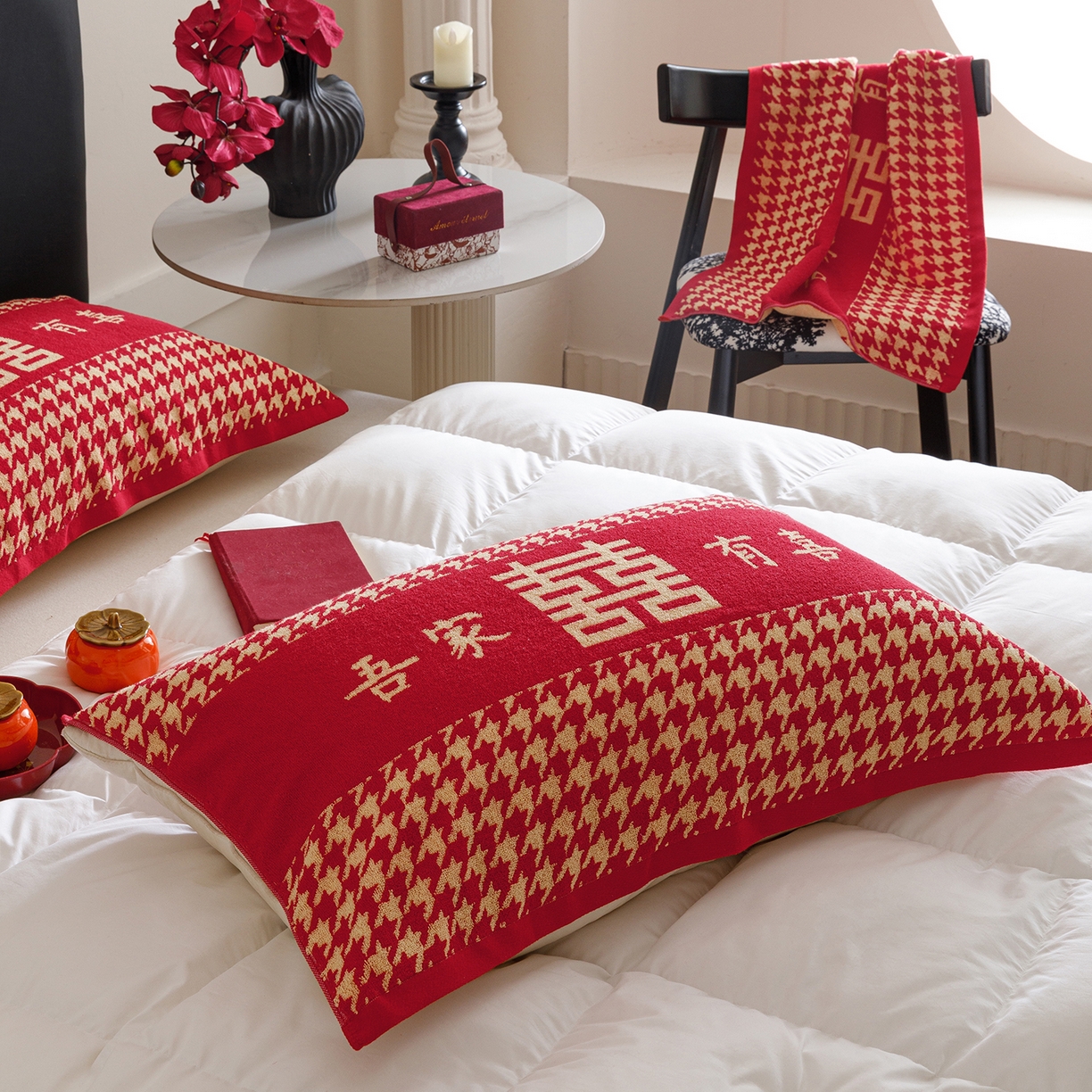 91家纺网 家纺一手货源 找家纺 爱港家纺 2025专版新款老式全棉大红枕巾结婚枕巾喜庆百福枕巾 吾家有喜