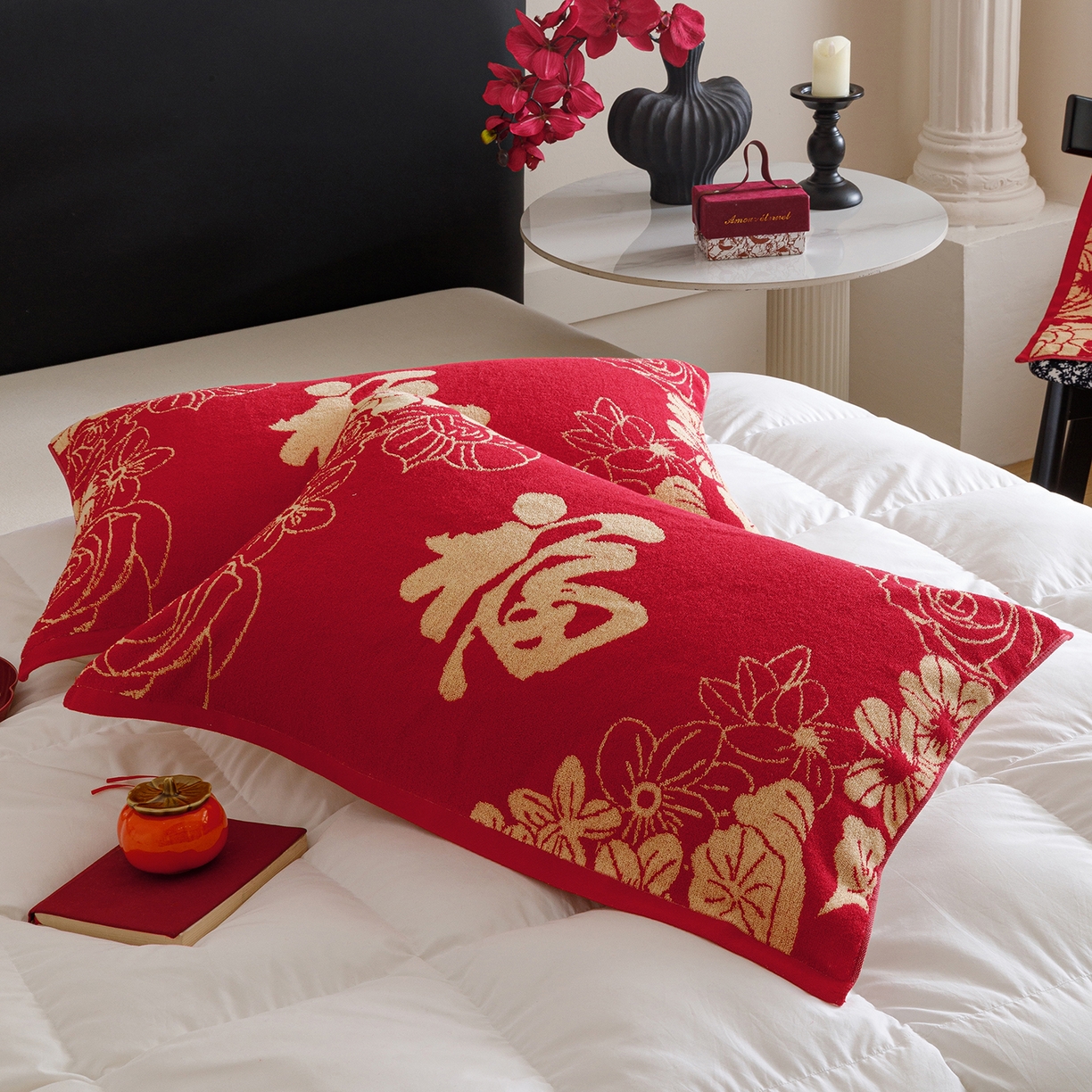 91家纺网 家纺一手货源 找家纺 爱港家纺 2025专版新款老式全棉大红枕巾结婚枕巾喜庆百福枕巾 锦绣花福