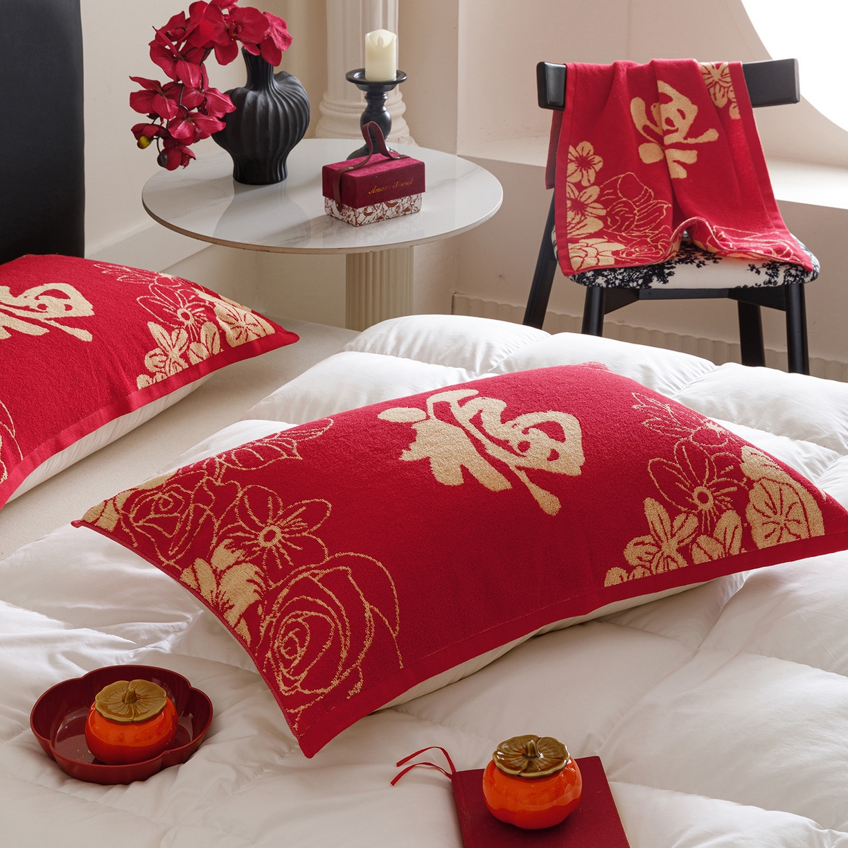 91家纺网 家纺一手货源 找家纺 爱港家纺 2025专版新款老式全棉大红枕巾结婚枕巾喜庆百福枕巾 锦绣花福