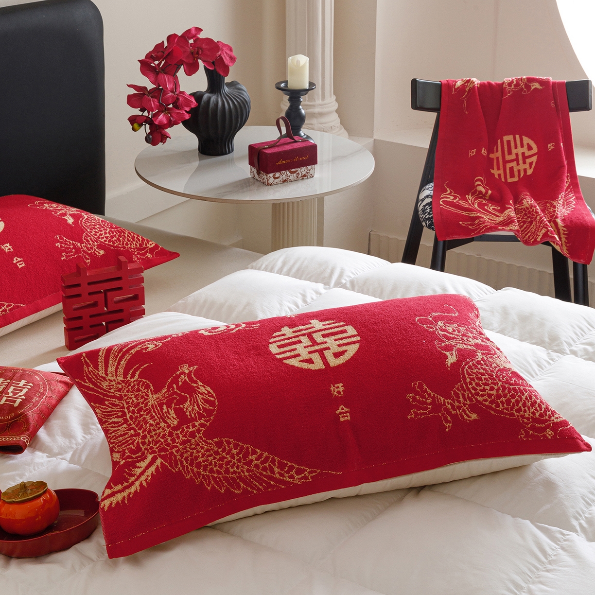 爱港家纺 2025专版新款老式全棉大红枕巾结婚枕巾喜庆百福枕巾 龙凤呈祥