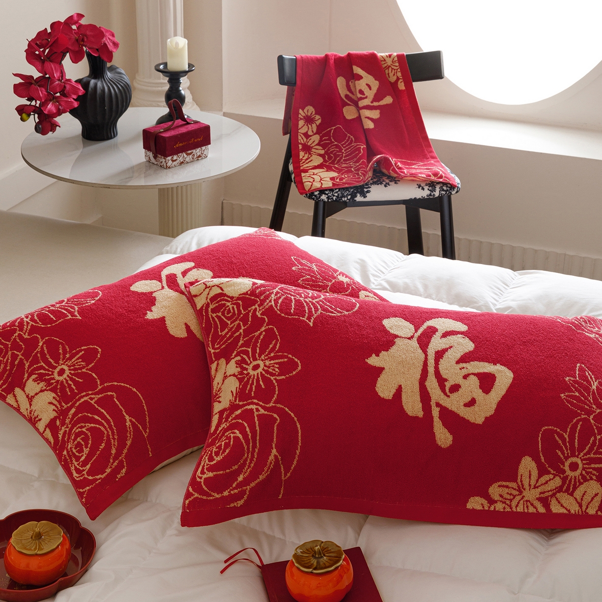 91家纺网 家纺一手货源 找家纺 爱港家纺 2025专版新款老式全棉大红枕巾结婚枕巾喜庆百福枕巾 锦绣花福