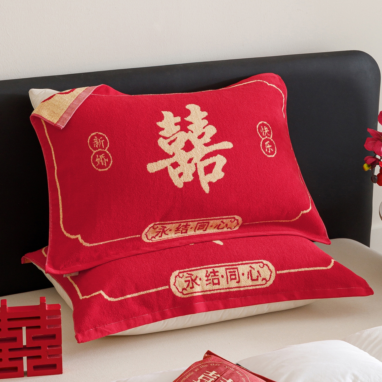 91家纺网 家纺一手货源 找家纺 爱港家纺 2025专版新款老式全棉大红枕巾结婚枕巾喜庆百福枕巾 永结同心