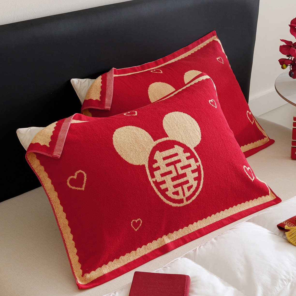 91家纺网 家纺一手货源 找家纺 爱港家纺 2025专版新款老式全棉大红枕巾结婚枕巾喜庆百福枕巾 童话喜韵