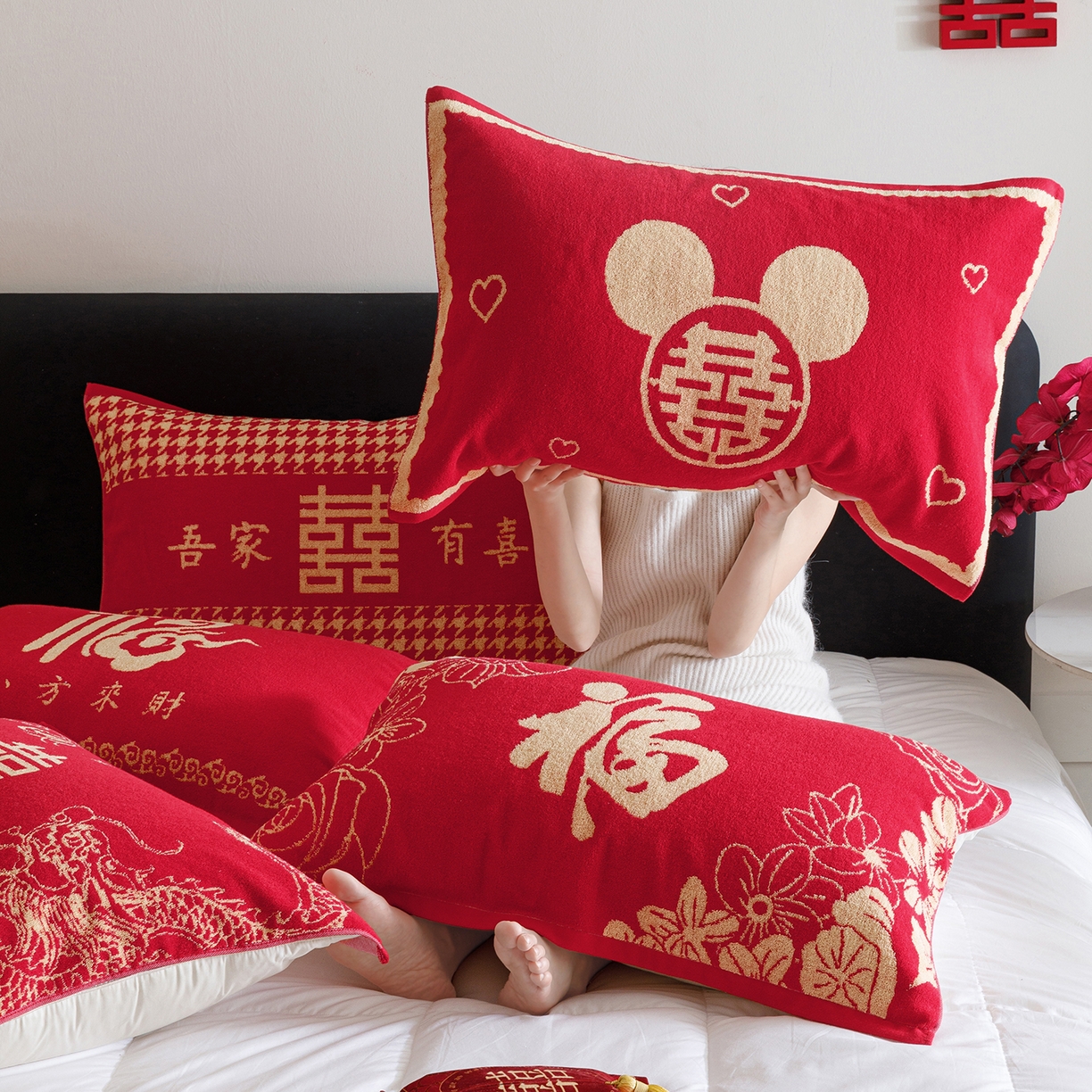91家纺网 家纺一手货源 找家纺 爱港家纺 2025专版新款老式全棉大红枕巾结婚枕巾喜庆百福枕巾 组合