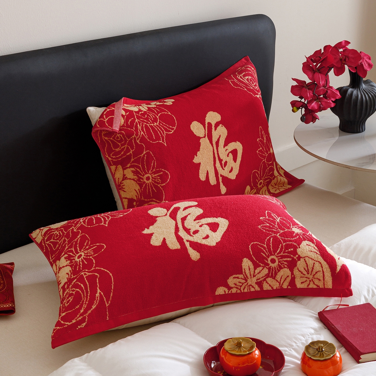 爱港家纺 2025专版新款老式全棉大红枕巾结婚枕巾喜庆百福枕巾 锦绣花福