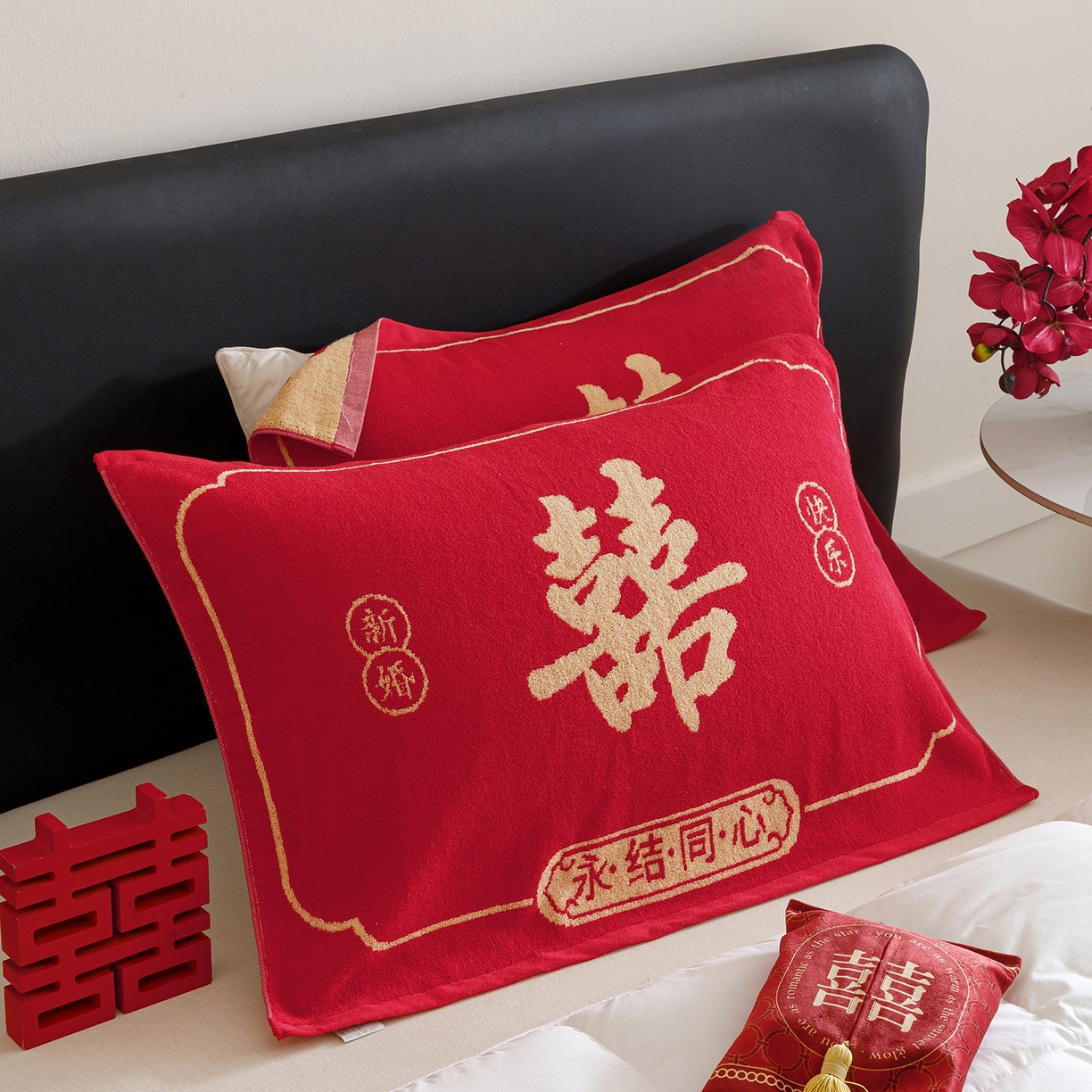 91家纺网 家纺一手货源 找家纺 爱港家纺 2025专版新款老式全棉大红枕巾结婚枕巾喜庆百福枕巾 永结同心