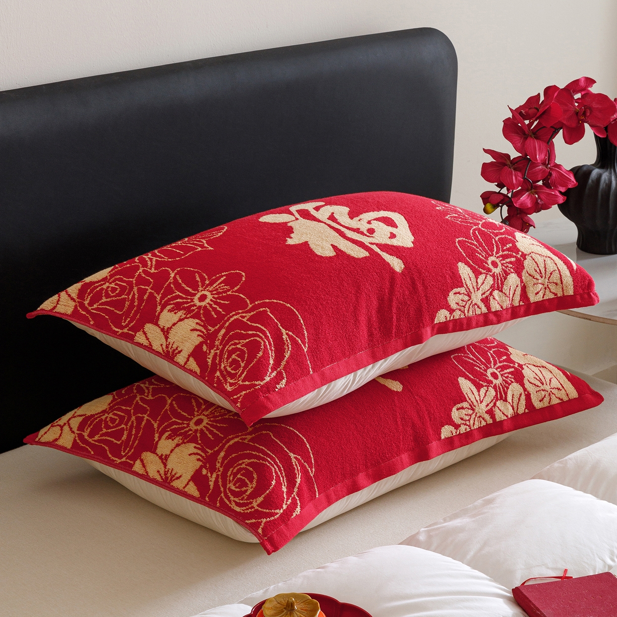 91家纺网 家纺一手货源 找家纺 爱港家纺 2025专版新款老式全棉大红枕巾结婚枕巾喜庆百福枕巾 锦绣花福