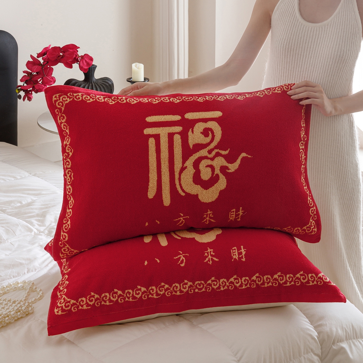 91家纺网 家纺一手货源 找家纺 爱港家纺 2025专版新款老式全棉大红枕巾结婚枕巾喜庆百福枕巾 八方来财