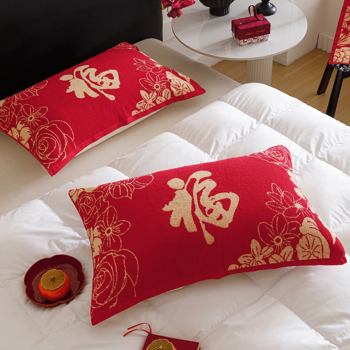 91家纺网 家纺一手货源 找家纺 爱港家纺 2025专版新款老式全棉大红枕巾结婚枕巾喜庆百福枕巾 锦绣花福