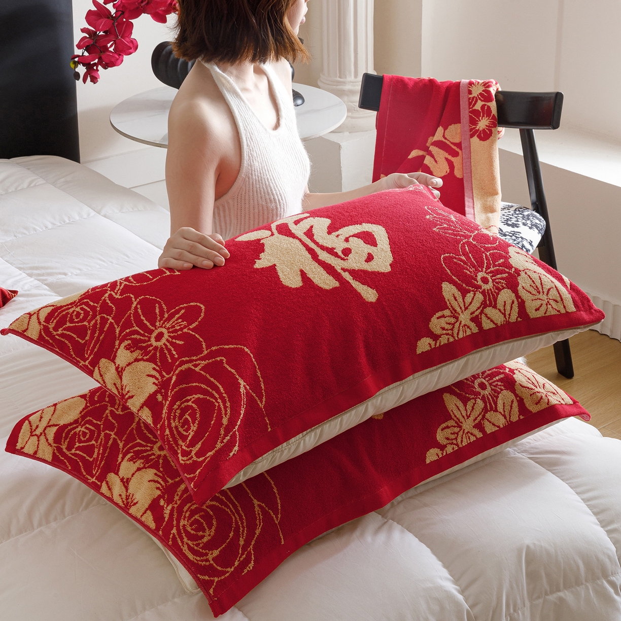 91家纺网 家纺一手货源 找家纺 爱港家纺 2025专版新款老式全棉大红枕巾结婚枕巾喜庆百福枕巾 锦绣花福