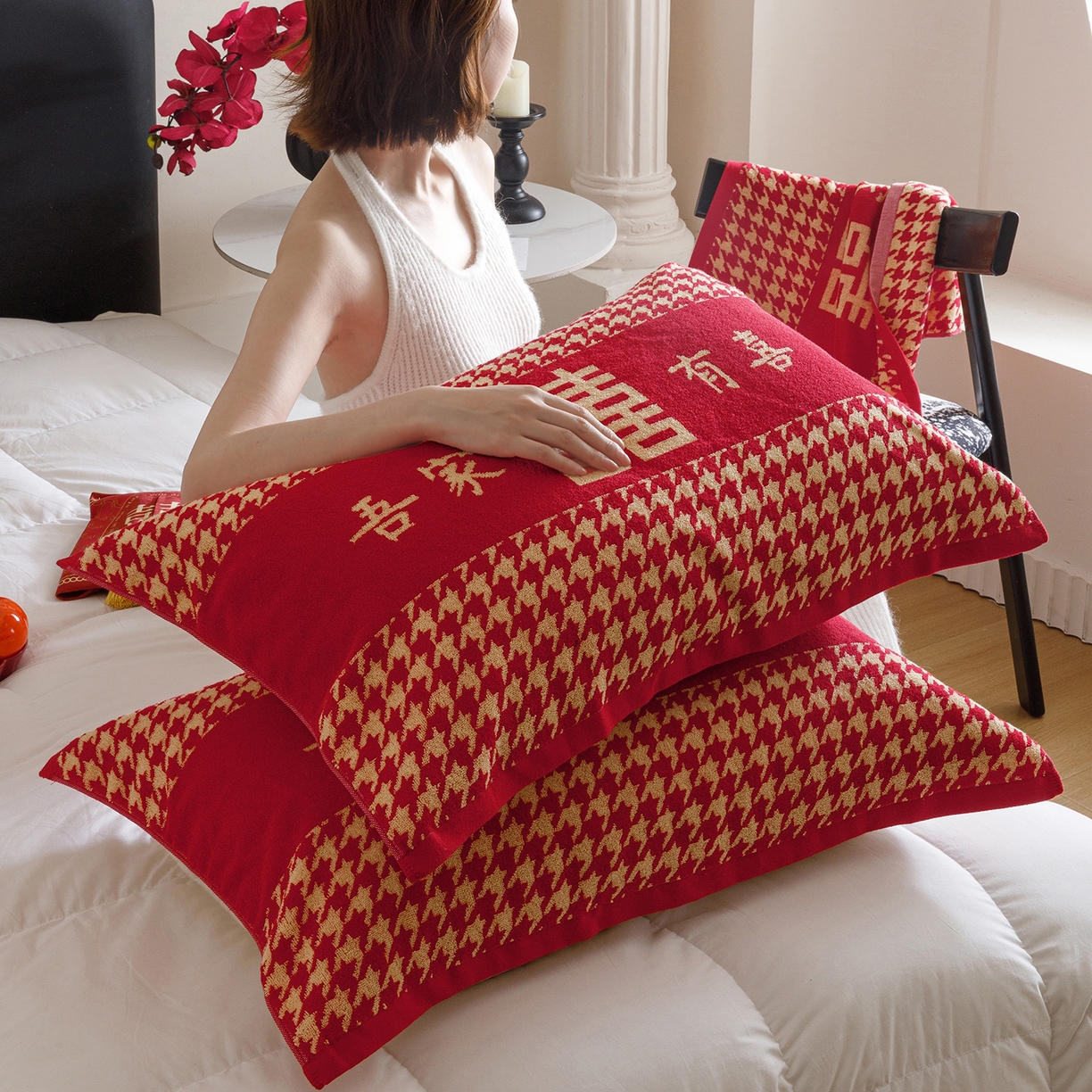 91家纺网 家纺一手货源 找家纺 爱港家纺 2025专版新款老式全棉大红枕巾结婚枕巾喜庆百福枕巾 吾家有喜