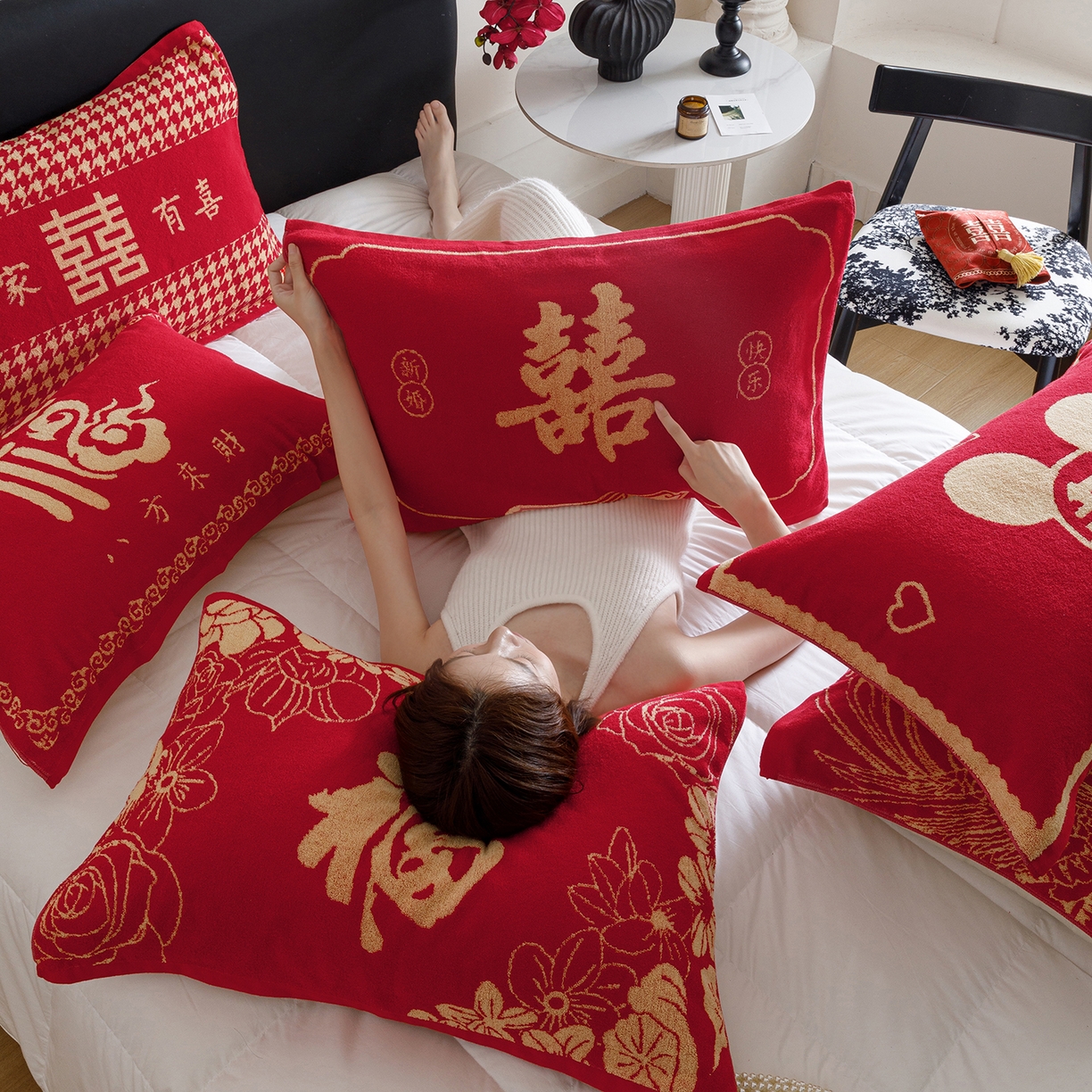 91家纺网 家纺一手货源 找家纺 爱港家纺 2025专版新款老式全棉大红枕巾结婚枕巾喜庆百福枕巾 组合