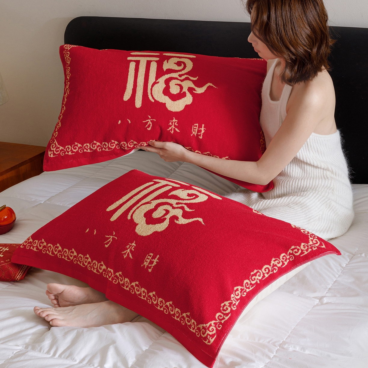爱港家纺 2025专版新款老式全棉大红枕巾结婚枕巾喜庆百福枕巾 八方来财
