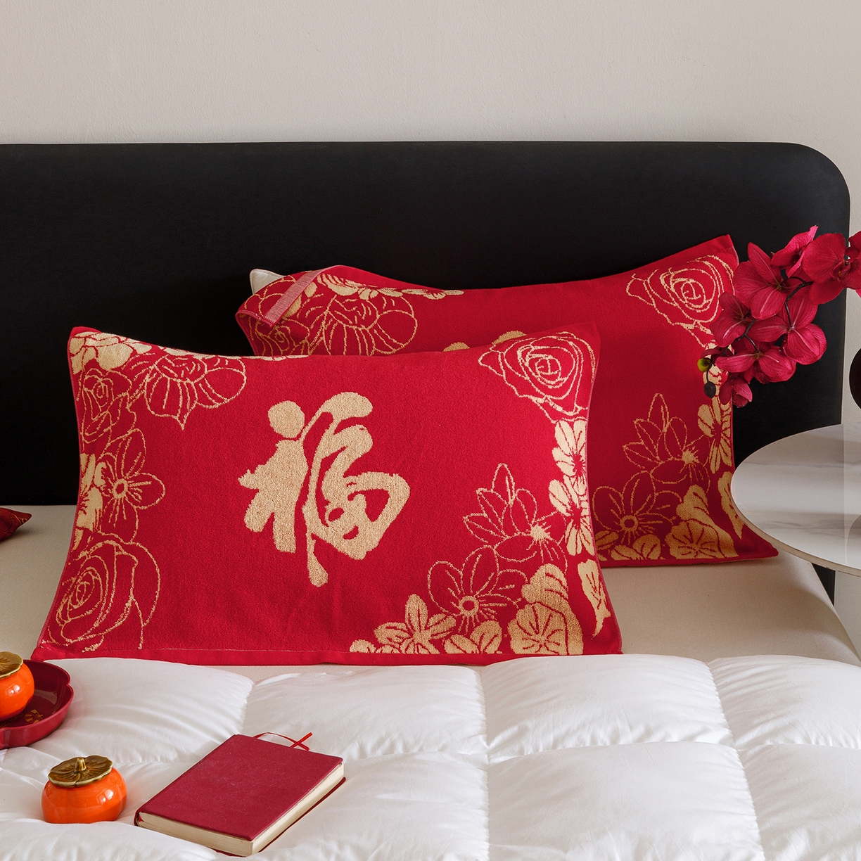 91家纺网 家纺一手货源 找家纺 爱港家纺 2025专版新款老式全棉大红枕巾结婚枕巾喜庆百福枕巾 锦绣花福