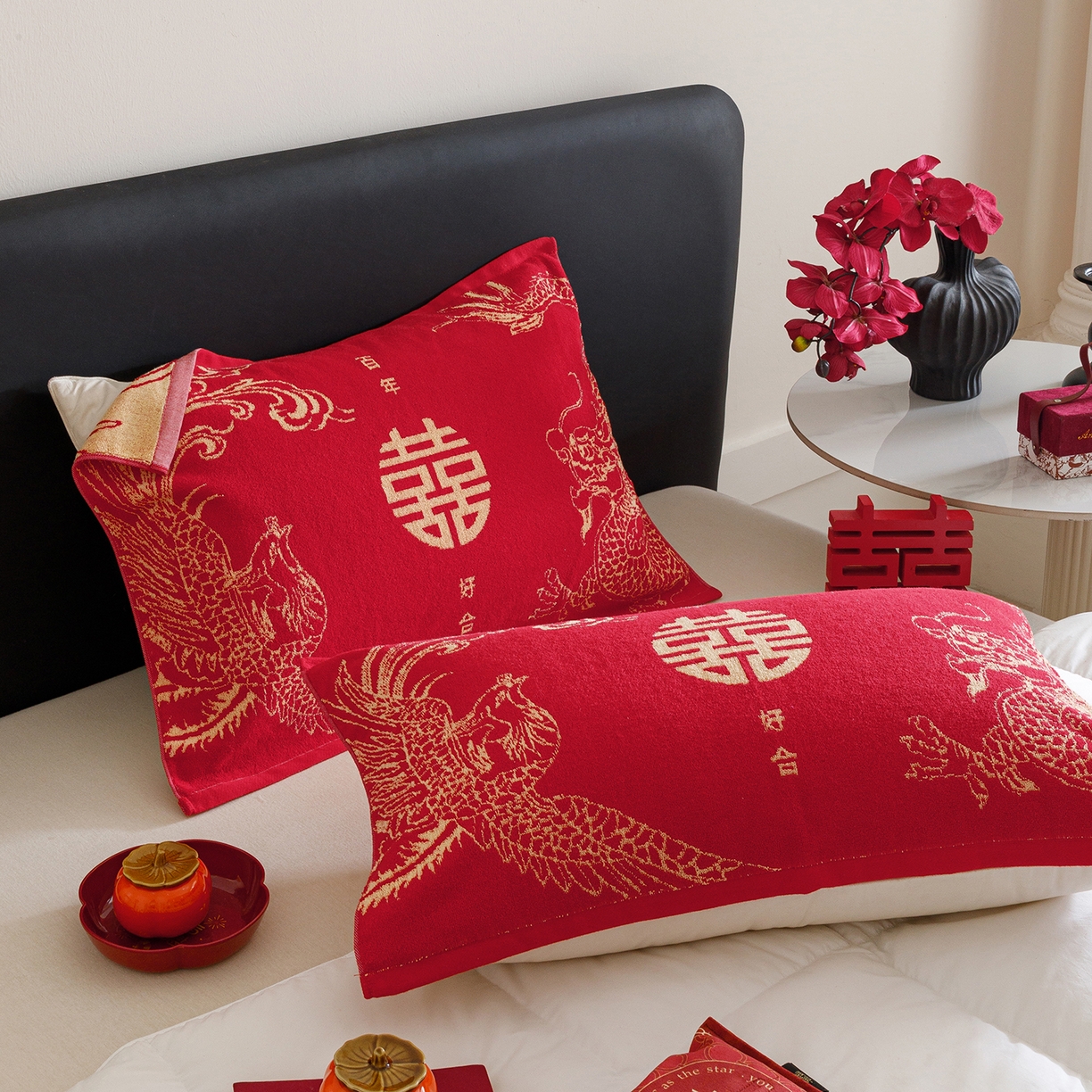 91家纺网 家纺一手货源 找家纺 爱港家纺 2025专版新款老式全棉大红枕巾结婚枕巾喜庆百福枕巾 龙凤呈祥