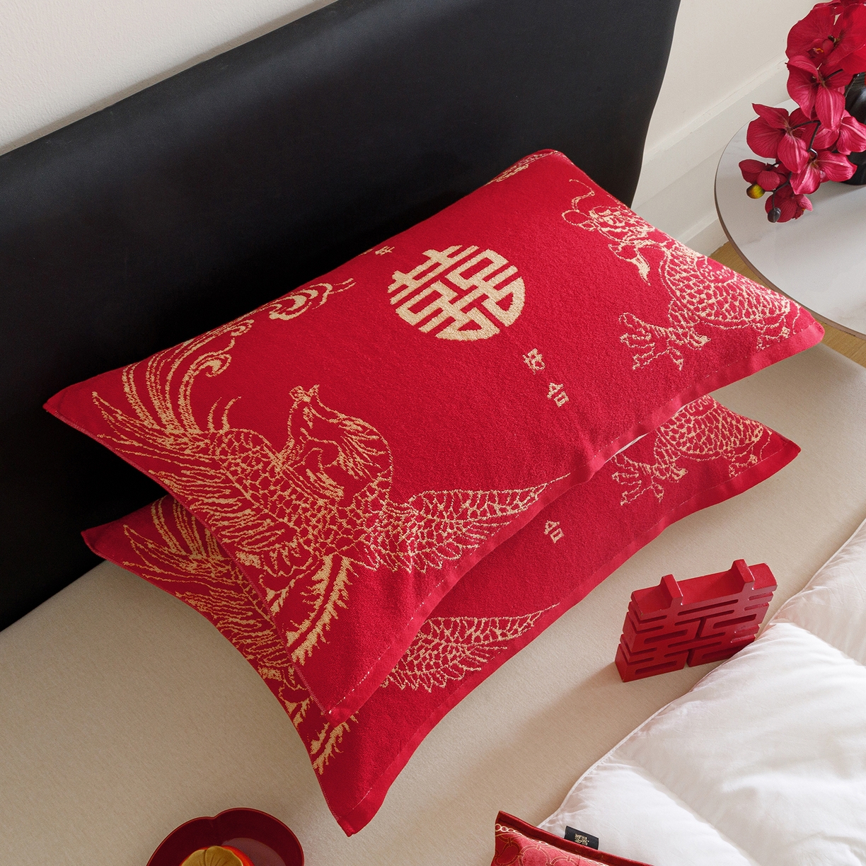 91家纺网 家纺一手货源 找家纺 爱港家纺 2025专版新款老式全棉大红枕巾结婚枕巾喜庆百福枕巾 龙凤呈祥