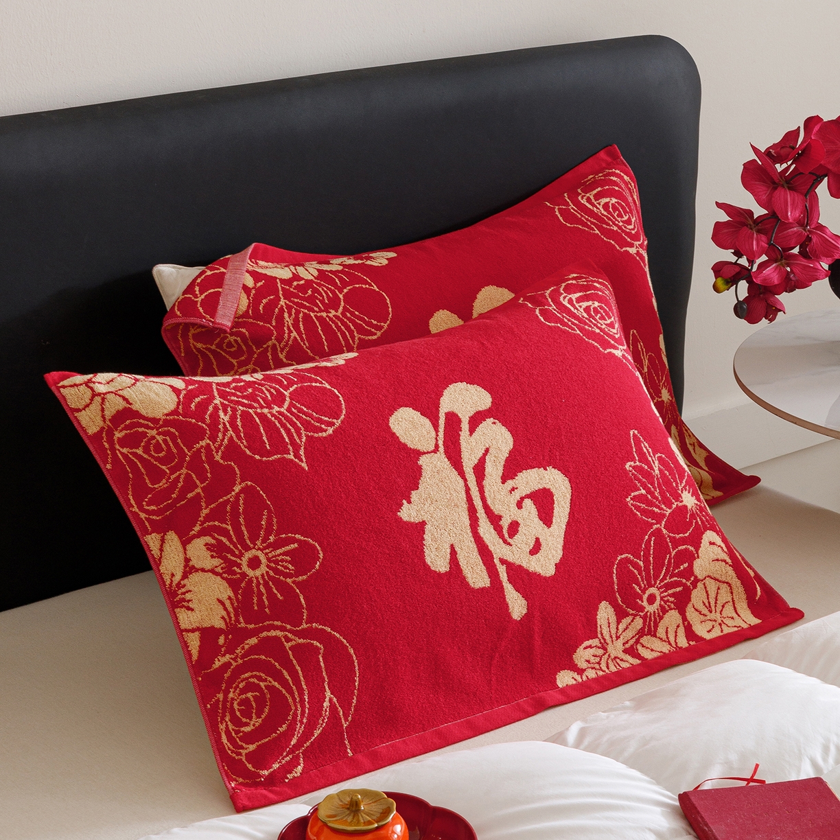 91家纺网 家纺一手货源 找家纺 爱港家纺 2025专版新款老式全棉大红枕巾结婚枕巾喜庆百福枕巾 锦绣花福