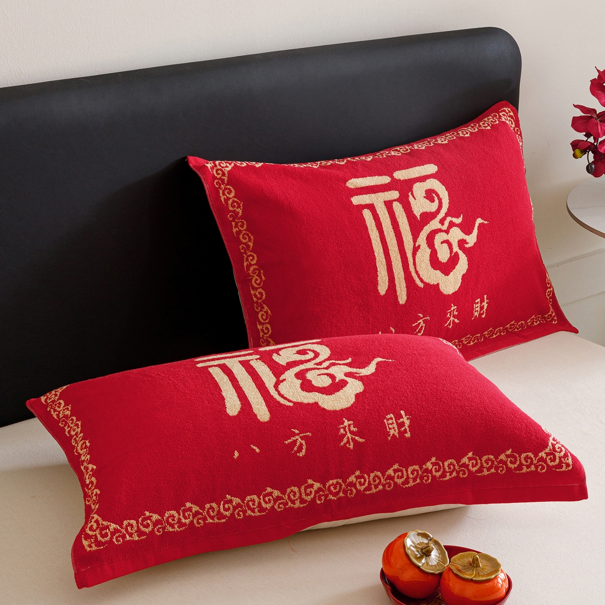 91家纺网 家纺一手货源 找家纺 爱港家纺 2025专版新款老式全棉大红枕巾结婚枕巾喜庆百福枕巾 八方来财