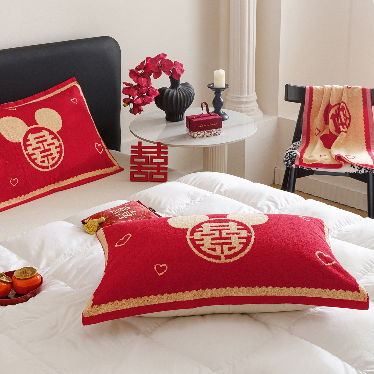 91家纺网 家纺一手货源 找家纺 爱港家纺 2025专版新款老式全棉大红枕巾结婚枕巾喜庆百福枕巾 童话喜韵