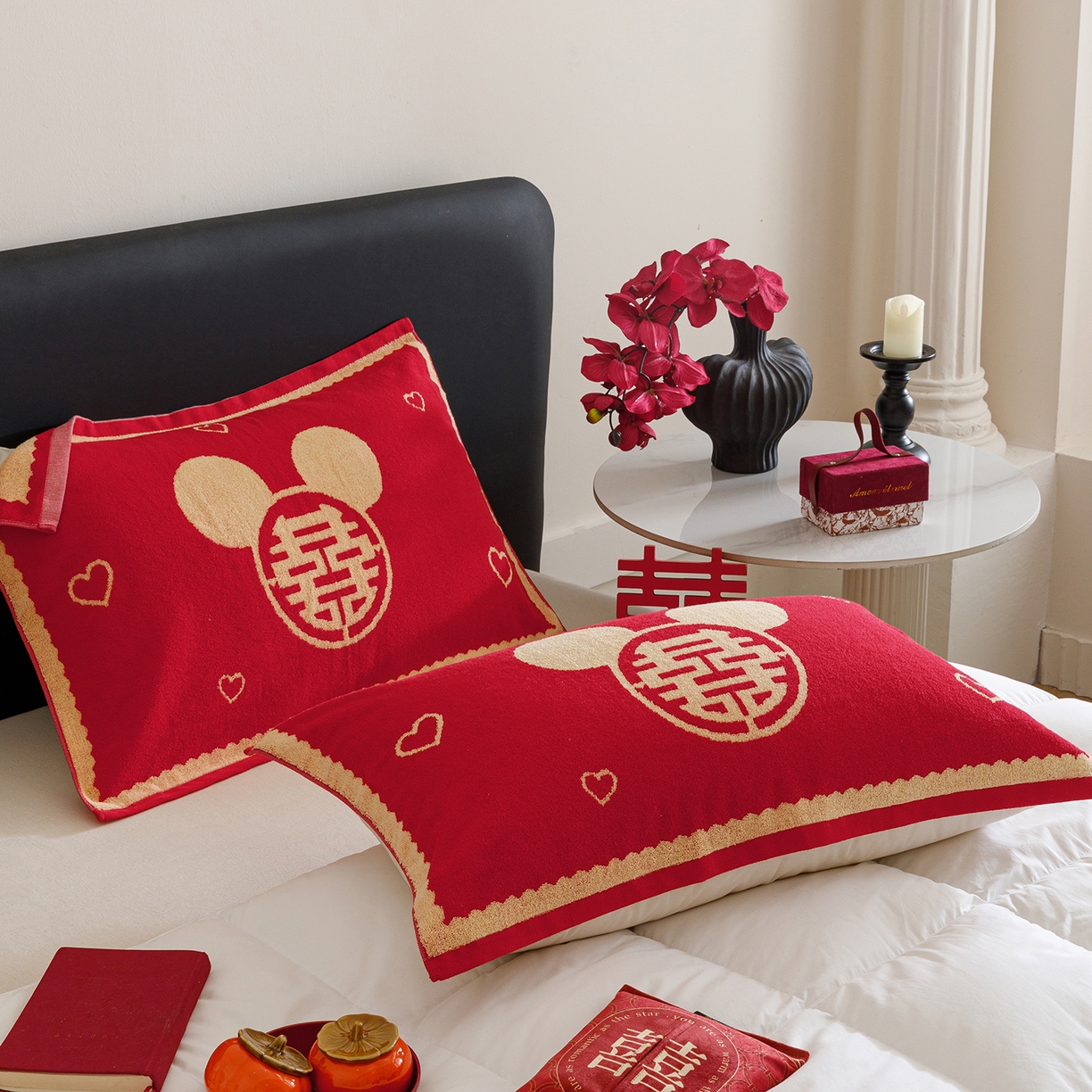 91家纺网 家纺一手货源 找家纺 爱港家纺 2025专版新款老式全棉大红枕巾结婚枕巾喜庆百福枕巾 童话喜韵