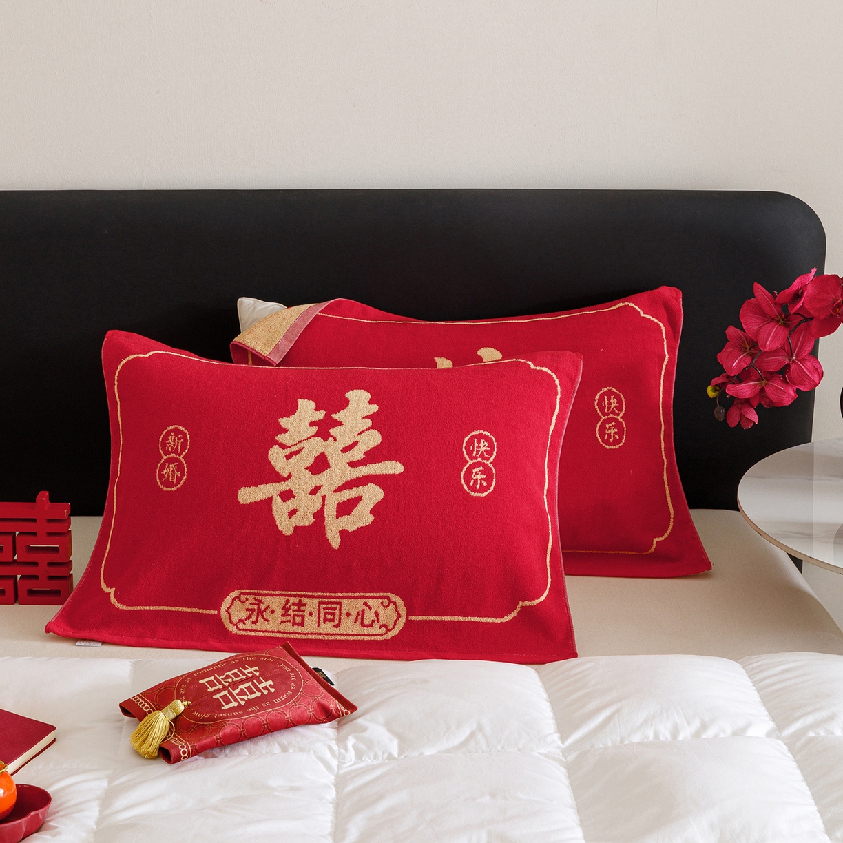 91家纺网 家纺一手货源 找家纺 爱港家纺 2025专版新款老式全棉大红枕巾结婚枕巾喜庆百福枕巾 永结同心