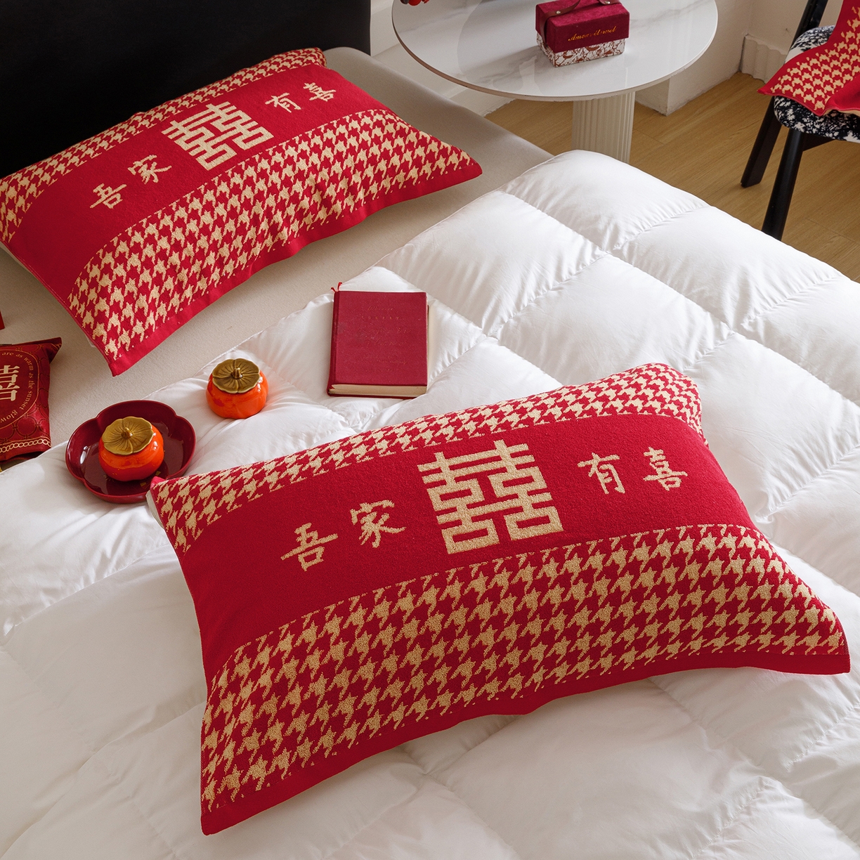 91家纺网 家纺一手货源 找家纺 爱港家纺 2025专版新款老式全棉大红枕巾结婚枕巾喜庆百福枕巾 吾家有喜