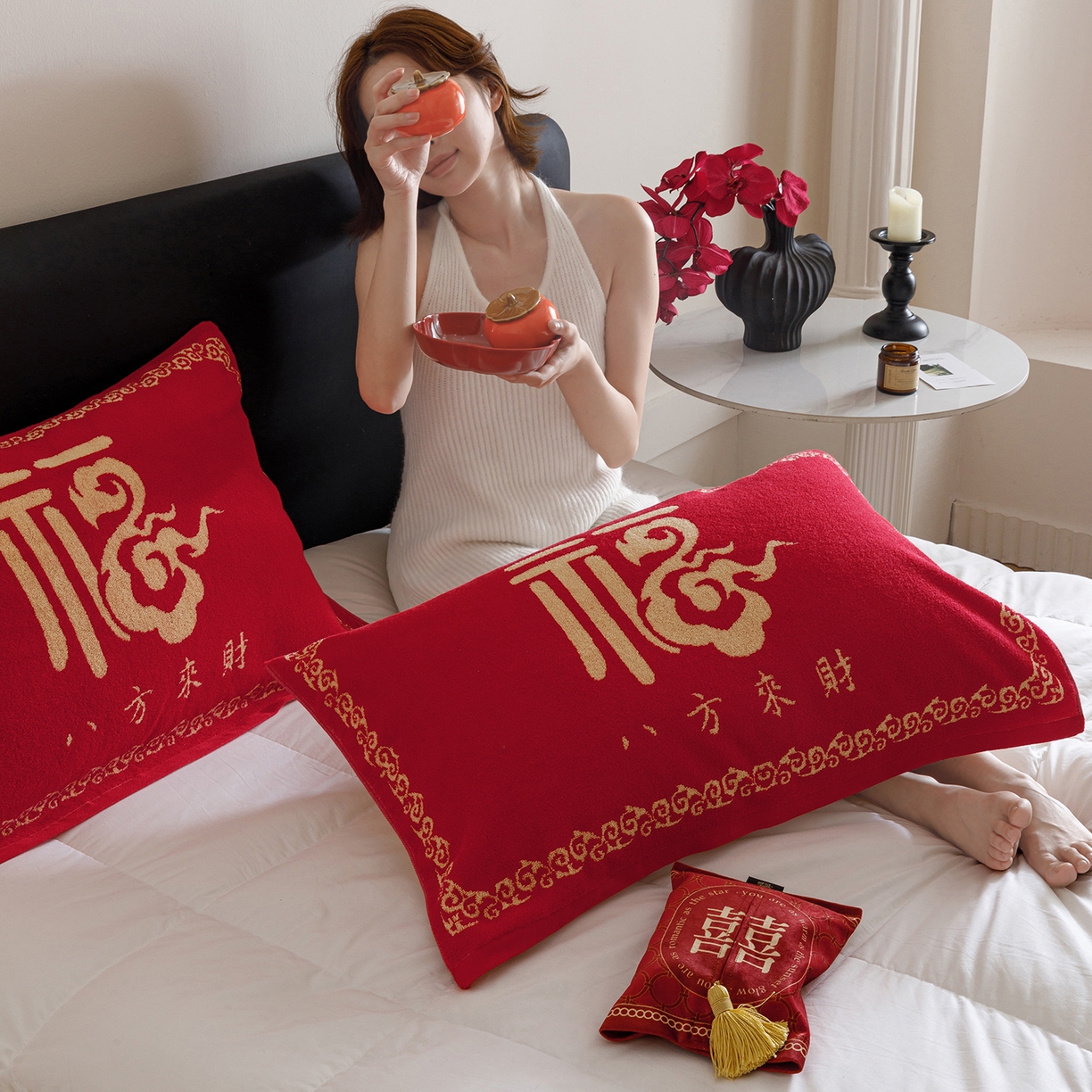 91家纺网 家纺一手货源 找家纺 爱港家纺 2025专版新款老式全棉大红枕巾结婚枕巾喜庆百福枕巾 八方来财