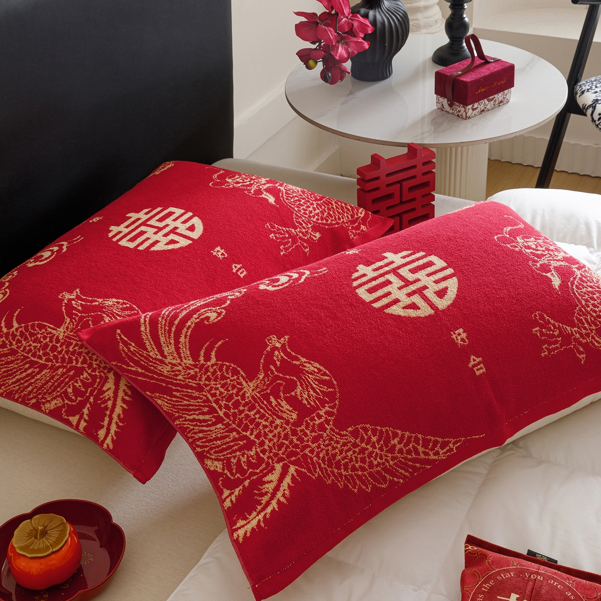 91家纺网 家纺一手货源 找家纺 爱港家纺 2025专版新款老式全棉大红枕巾结婚枕巾喜庆百福枕巾 龙凤呈祥