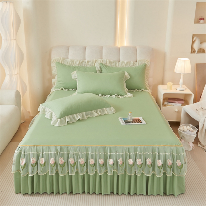 91家纺网 家纺一手货源 找家纺 （总）缦绣阁家纺 2025新款水洗棉刺绣纯色床裙三件套跨境外贸传供