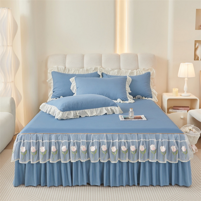 91家纺网 家纺一手货源 找家纺 （总）缦绣阁家纺 2025新款水洗棉刺绣纯色床裙三件套跨境外贸传供