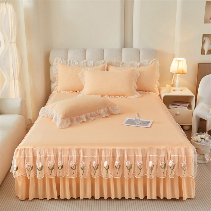 91家纺网 家纺一手货源 找家纺 （总）缦绣阁家纺 2025新款水洗棉刺绣纯色床裙三件套跨境外贸传供