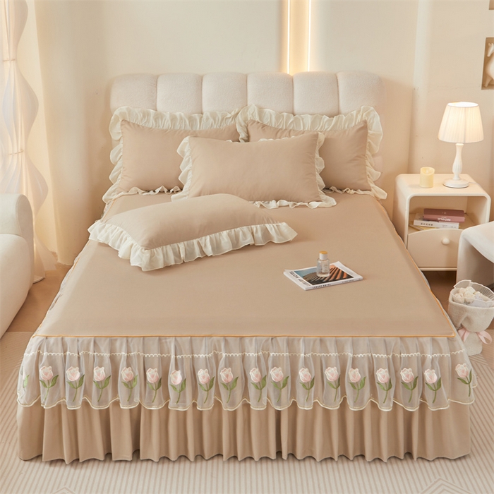 91家纺网 家纺一手货源 找家纺 （总）缦绣阁家纺 2025新款水洗棉刺绣纯色床裙三件套跨境外贸传供