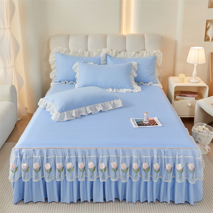 91家纺网 家纺一手货源 找家纺 （总）缦绣阁家纺 2025新款水洗棉刺绣纯色床裙三件套跨境外贸传供