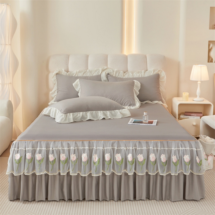 91家纺网 家纺一手货源 找家纺 （总）缦绣阁家纺 2025新款水洗棉刺绣纯色床裙三件套跨境外贸传供