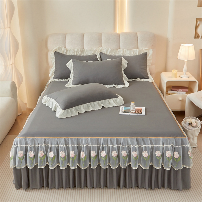 91家纺网 家纺一手货源 找家纺 （总）缦绣阁家纺 2025新款水洗棉刺绣纯色床裙三件套跨境外贸传供