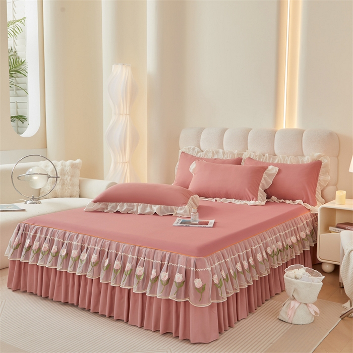 91家纺网 家纺一手货源 找家纺 （总）缦绣阁家纺 2025新款水洗棉刺绣纯色床裙三件套跨境外贸传供