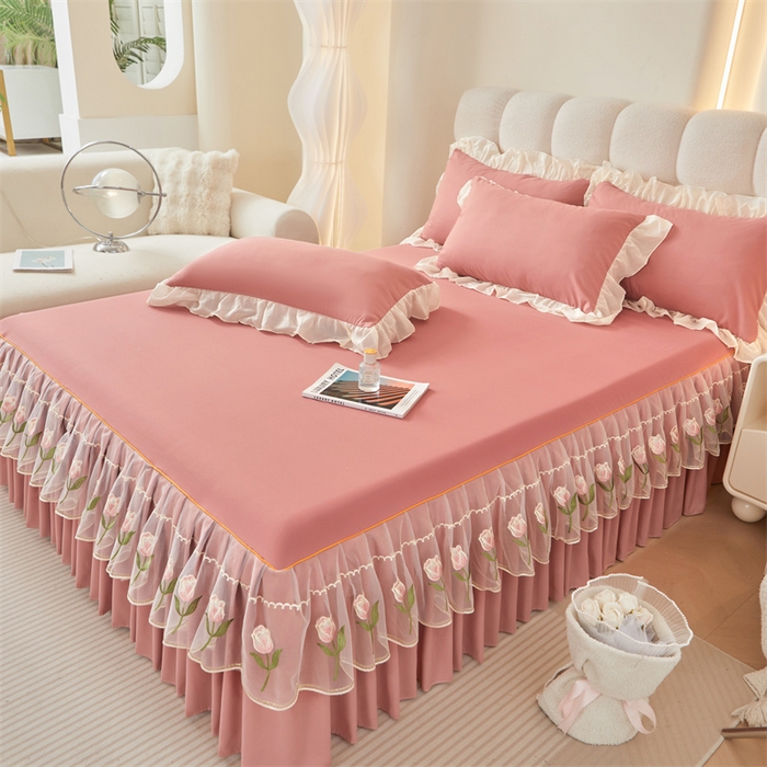 91家纺网 家纺一手货源 找家纺 （总）缦绣阁家纺 2025新款水洗棉刺绣纯色床裙三件套跨境外贸传供