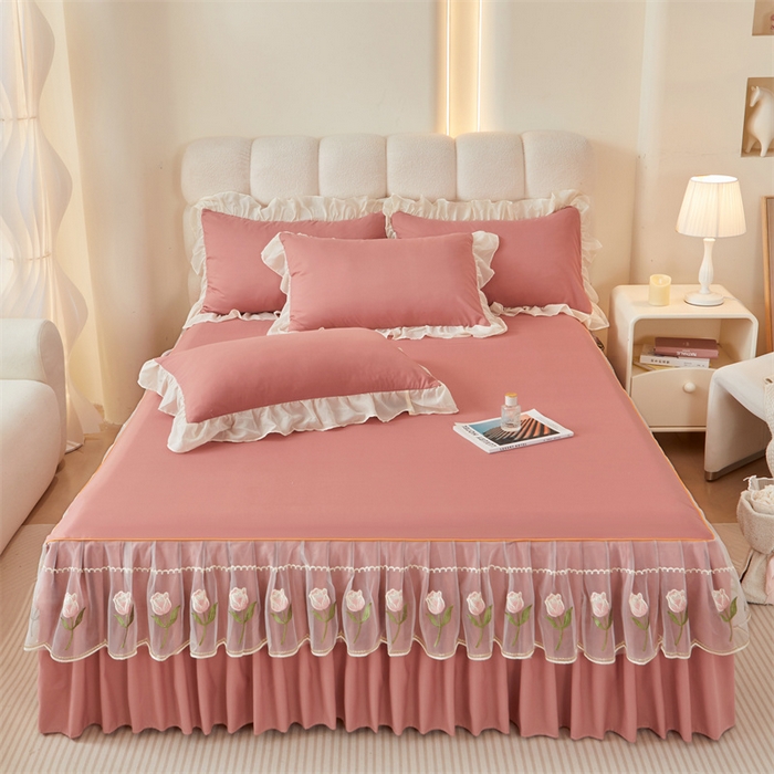 91家纺网 家纺一手货源 找家纺 （总）缦绣阁家纺 2025新款水洗棉刺绣纯色床裙三件套跨境外贸传供