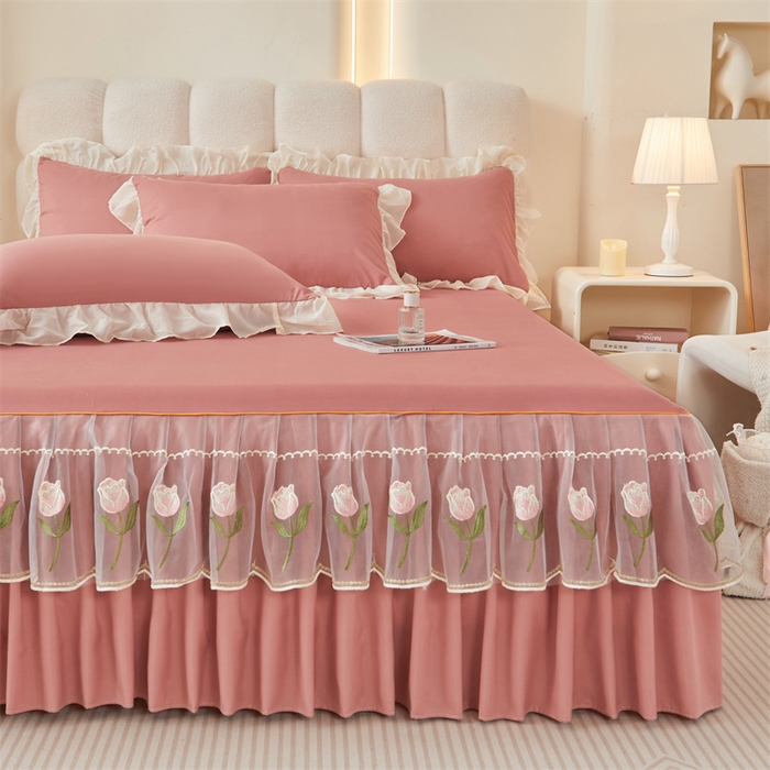 91家纺网 家纺一手货源 找家纺 （总）缦绣阁家纺 2025新款水洗棉刺绣纯色床裙三件套跨境外贸传供