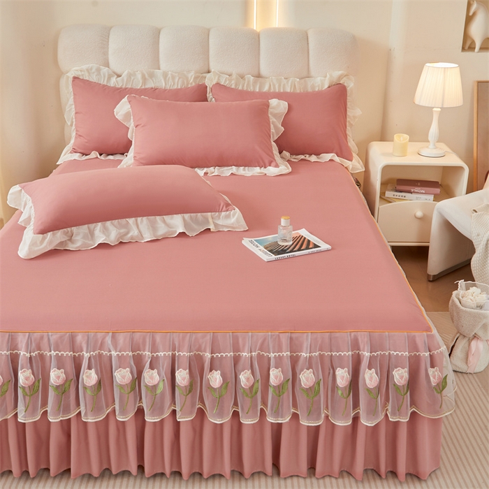 91家纺网 家纺一手货源 找家纺 （总）缦绣阁家纺 2025新款水洗棉刺绣纯色床裙三件套跨境外贸传供