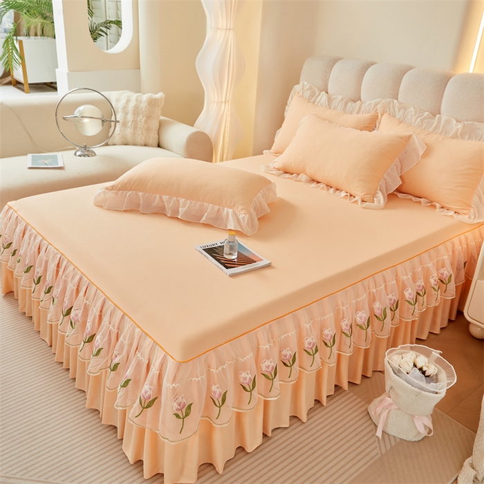 91家纺网 家纺一手货源 找家纺 缦绣阁家纺 2025新款水洗棉刺绣纯色床裙三件套跨境外贸传供 郁金花-暖阳桔