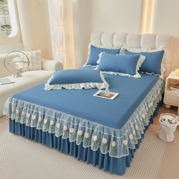 91家纺网 家纺一手货源 找家纺 缦绣阁家纺 2025新款水洗棉刺绣纯色床裙三件套跨境外贸传供 郁金花-天空蓝