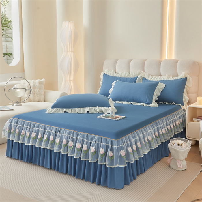 91家纺网 家纺一手货源 找家纺 缦绣阁家纺 2025新款水洗棉刺绣纯色床裙三件套跨境外贸传供 郁金花-天空蓝