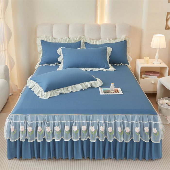 缦绣阁家纺 2025新款水洗棉刺绣纯色床裙三件套跨境外贸传供 郁金花-天空蓝