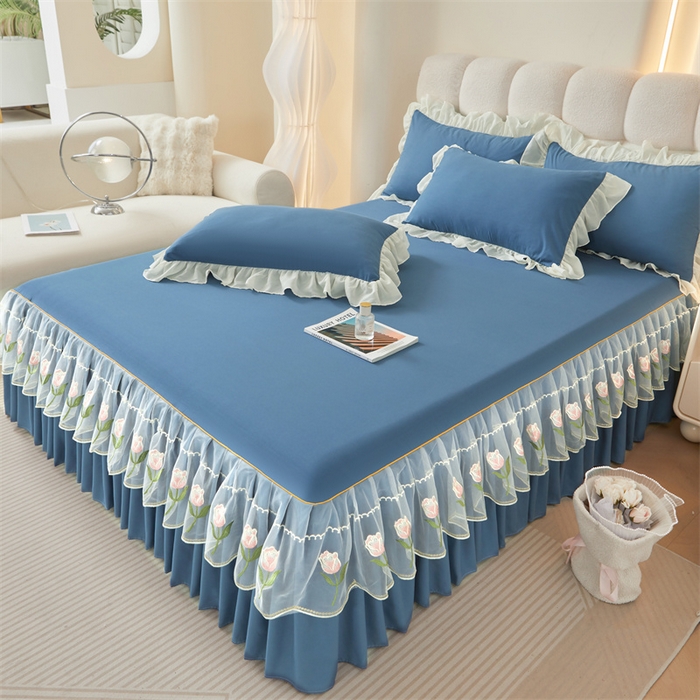 91家纺网 家纺一手货源 找家纺 缦绣阁家纺 2025新款水洗棉刺绣纯色床裙三件套跨境外贸传供 郁金花-天空蓝