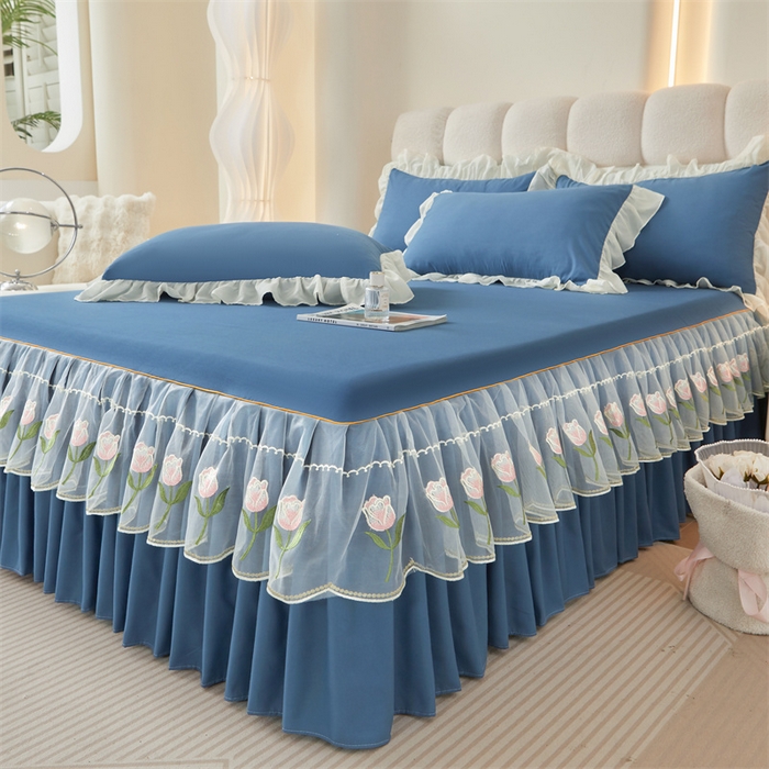 91家纺网 家纺一手货源 找家纺 缦绣阁家纺 2025新款水洗棉刺绣纯色床裙三件套跨境外贸传供 郁金花-天空蓝