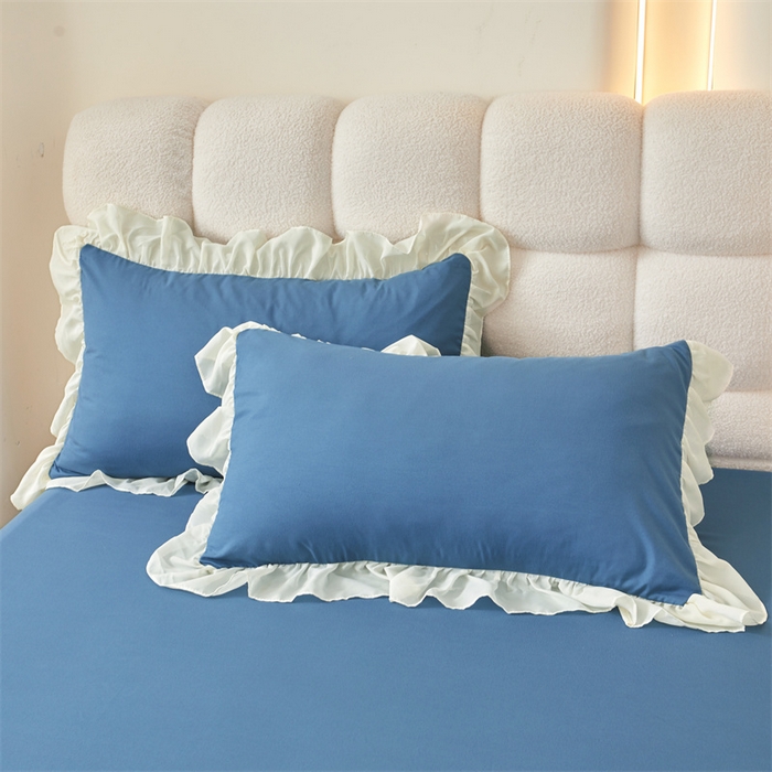 91家纺网 家纺一手货源 找家纺 缦绣阁家纺 2025新款水洗棉刺绣纯色床裙三件套跨境外贸传供 郁金花-天空蓝