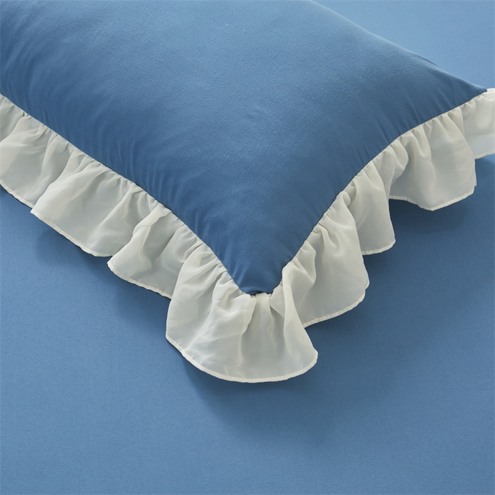 91家纺网 家纺一手货源 找家纺 缦绣阁家纺 2025新款水洗棉刺绣纯色床裙三件套跨境外贸传供 郁金花-天空蓝